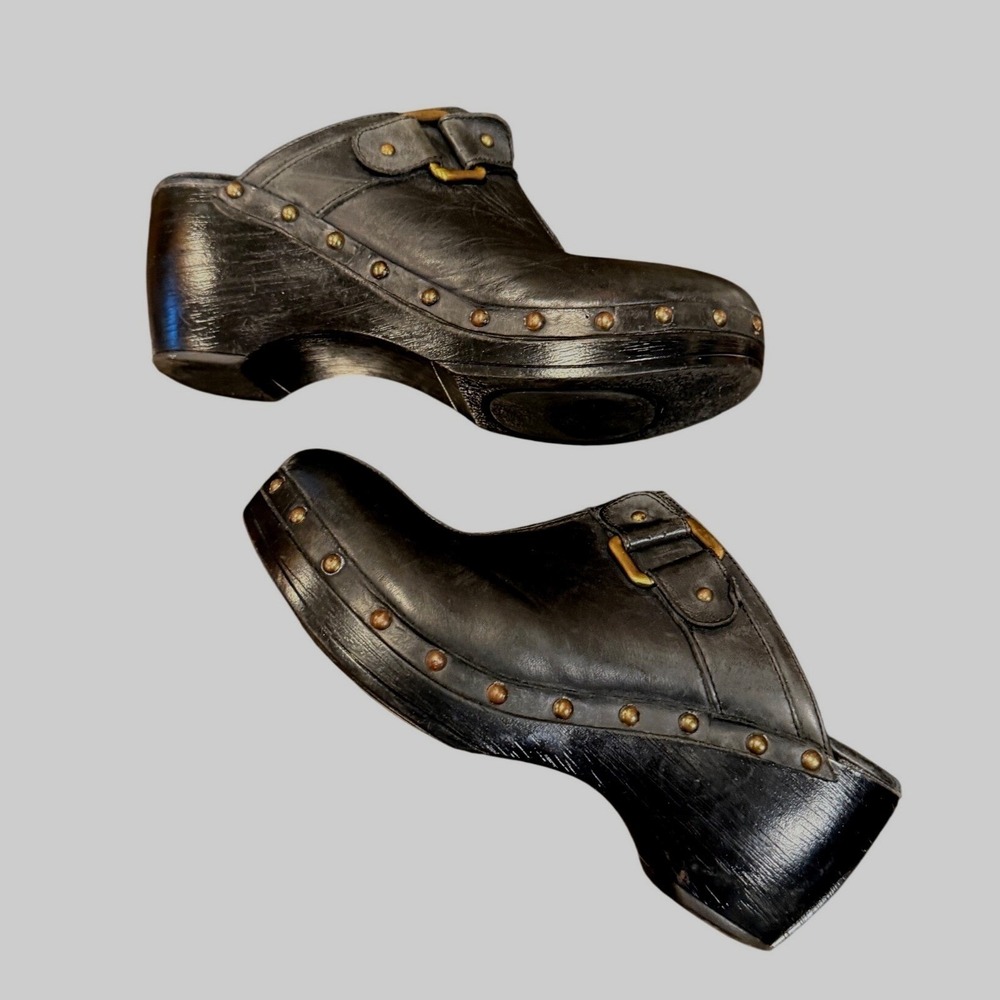Via Spiga Black Leather Studded Clog Mules Brass Buckle Platform Wedge Shoes - Picture 2 of 5